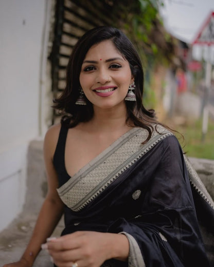 Black Banarasi Soft Silk Saree with Silver Zari Weaving
