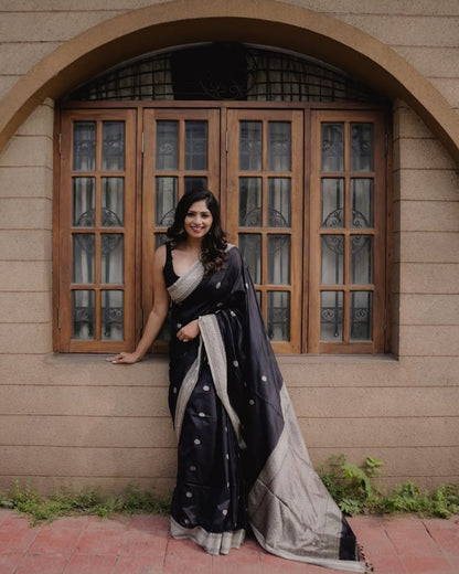 Black Banarasi Soft Silk Saree with Silver Zari Weaving