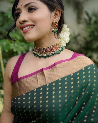 Bottle Green Banarasi Soft Silk Saree with Gold Zari Detailing