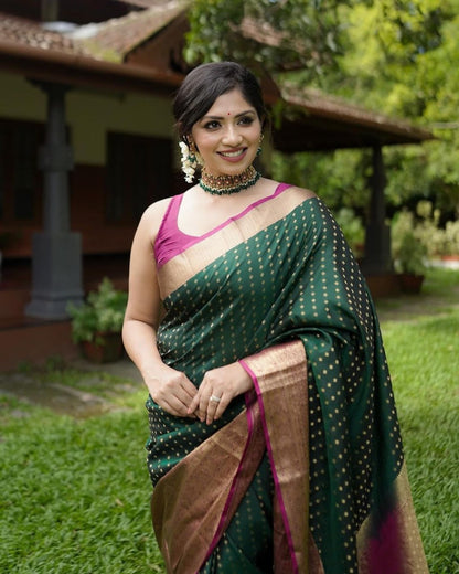Bottle Green Banarasi Soft Silk Saree with Gold Zari Detailing