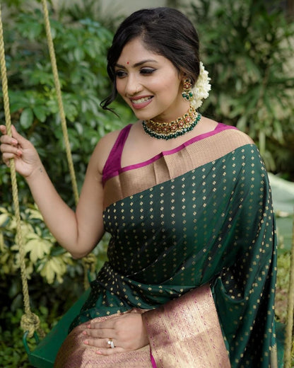 Bottle Green Banarasi Soft Silk Saree with Gold Zari Detailing