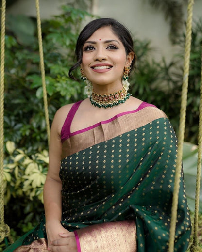 Bottle Green Banarasi Soft Silk Saree with Gold Zari Detailing