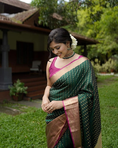 Bottle Green Banarasi Soft Silk Saree with Gold Zari Detailing