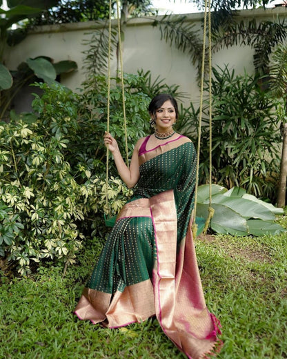 Bottle Green Banarasi Soft Silk Saree with Gold Zari Detailing