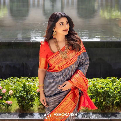 Red & Grey Banarasi Soft Silk Saree with Gold Zari Weaving