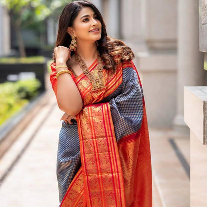Red & Grey Banarasi Soft Silk Saree with Gold Zari Weaving