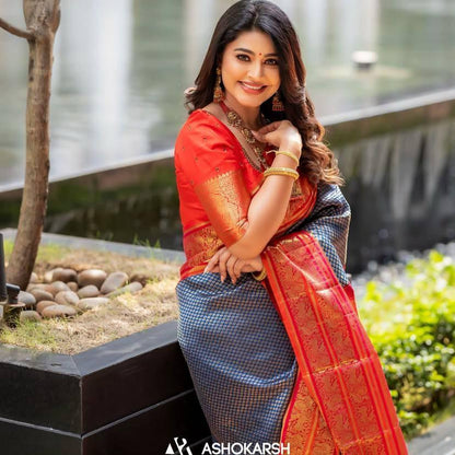 Red & Grey Banarasi Soft Silk Saree with Gold Zari Weaving
