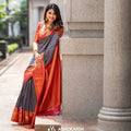 Red & Grey Banarasi Soft Silk Saree with Gold Zari Weaving