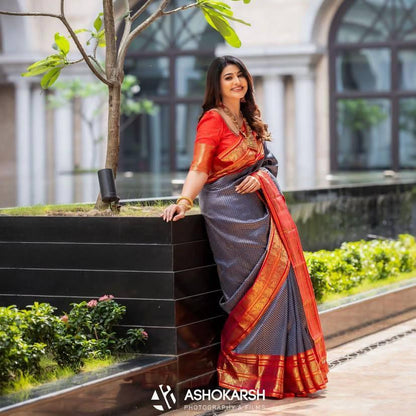 Red & Grey Banarasi Soft Silk Saree with Gold Zari Weaving
