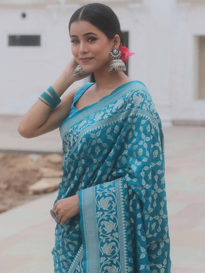 Banarasi Soft Silk Saree with Gold & Silver Zari Weaving