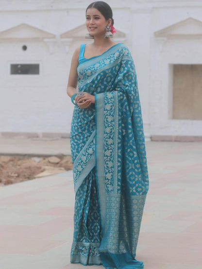 Banarasi Soft Silk Saree with Gold & Silver Zari Weaving