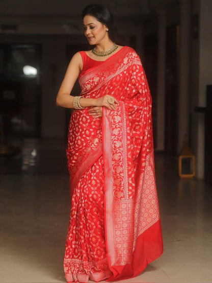 Banarasi Soft Silk Saree with Gold & Silver Zari Weaving