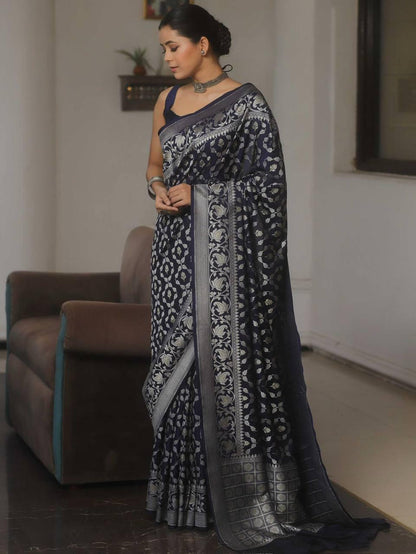 Banarasi Soft Silk Saree with Gold & Silver Zari Weaving