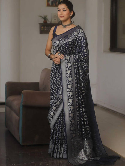 Banarasi Soft Silk Saree with Gold & Silver Zari Weaving