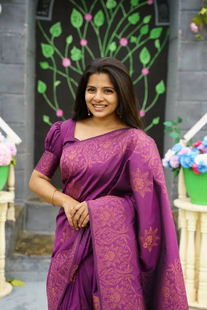 Purple Banarasi Soft Silk Saree with Copper Zari Weaving