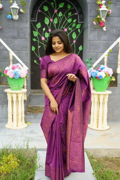 Purple Banarasi Soft Silk Saree with Copper Zari Weaving