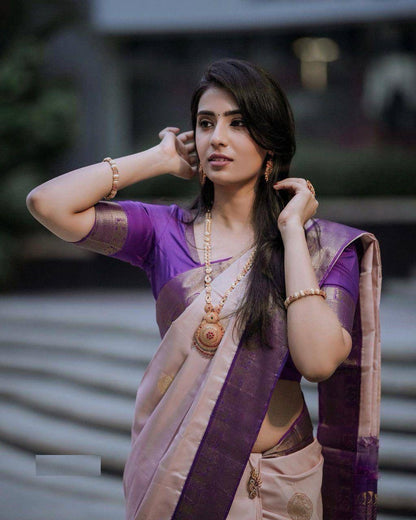 Elegant Light Pink & Purple Banarasi Soft Silk Saree with Gold Zari Weaving
