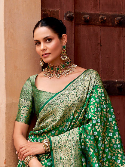 Emerald Green Banarasi Soft Silk Saree with Gold Zari Weaving