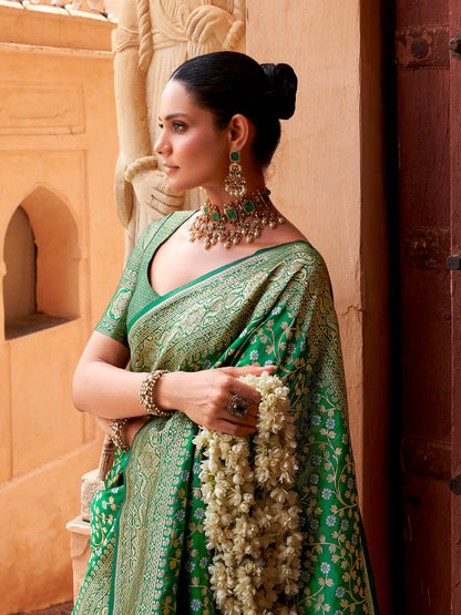 Emerald Green Banarasi Soft Silk Saree with Gold Zari Weaving
