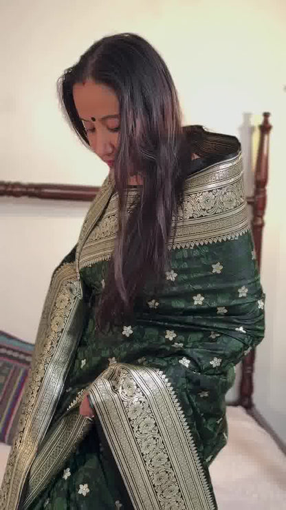 Deep Green Banarasi Soft Silk Saree with Silver Zari Weaving