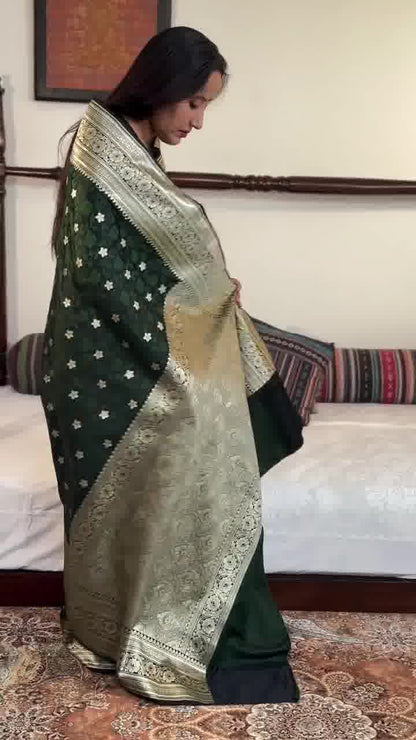 Deep Green Banarasi Soft Silk Saree with Silver Zari Weaving
