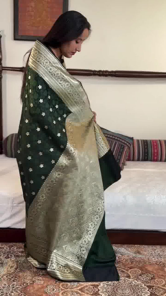 Deep Green Banarasi Soft Silk Saree with Silver Zari Weaving