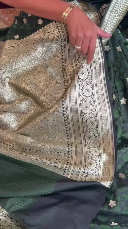 Deep Green Banarasi Soft Silk Saree with Silver Zari Weaving