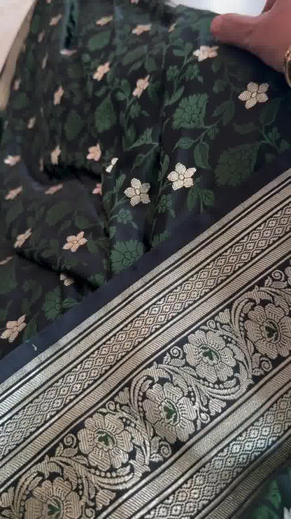 Deep Green Banarasi Soft Silk Saree with Silver Zari Weaving