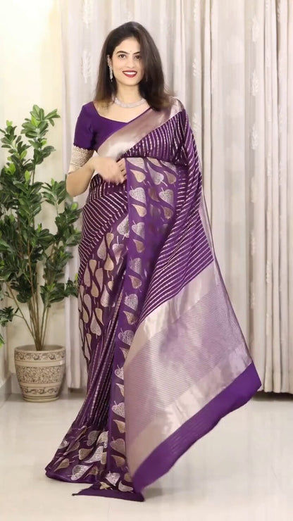 Royal Purple Banarasi Soft Silk Saree with Gold & Silver Zari Weaving