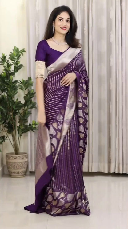Royal Purple Banarasi Soft Silk Saree with Gold & Silver Zari Weaving