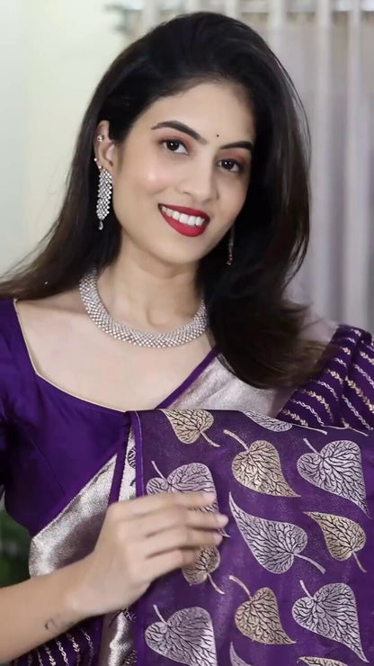 Royal Purple Banarasi Soft Silk Saree with Gold & Silver Zari Weaving