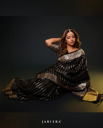 Black Banarasi Soft Silk Saree with Silver Zari Weaving