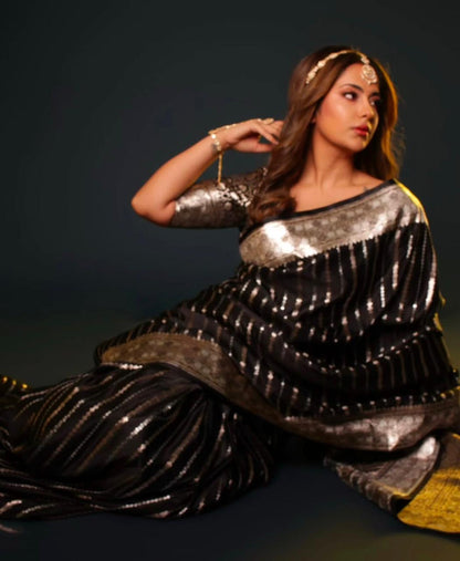 Black Banarasi Soft Silk Saree with Silver Zari Weaving