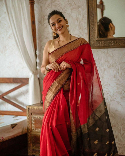 Red Banarasi Soft Silk Saree with Gold Zari Weaving