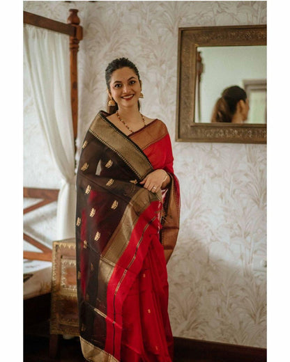 Red Banarasi Soft Silk Saree with Gold Zari Weaving