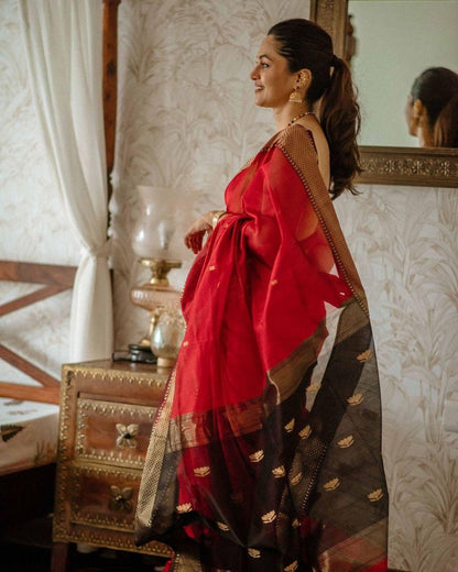 Red Banarasi Soft Silk Saree with Gold Zari Weaving