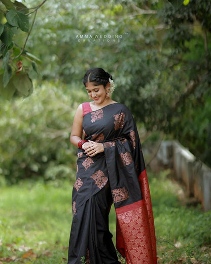 Black Banarasi Soft Silk Saree with Red Zari Border