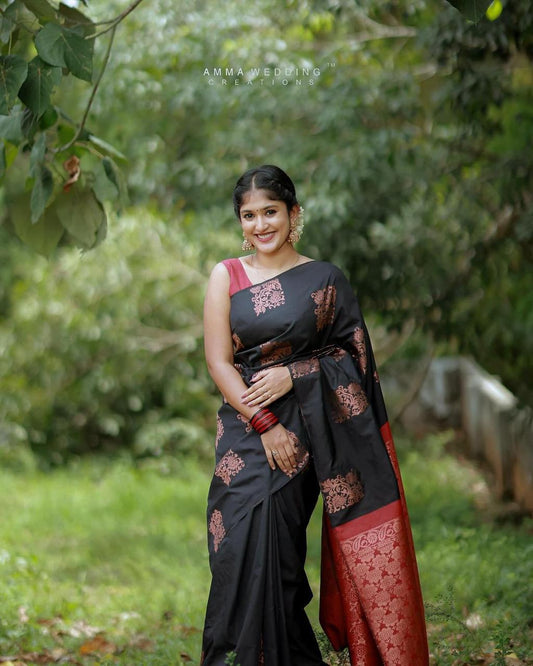 Black Banarasi Soft Silk Saree with Red Zari Border