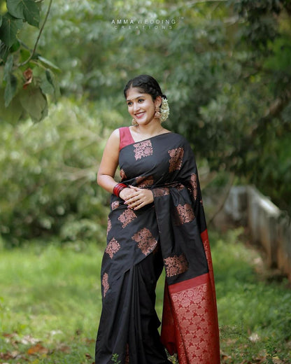 Black Banarasi Soft Silk Saree with Red Zari Border
