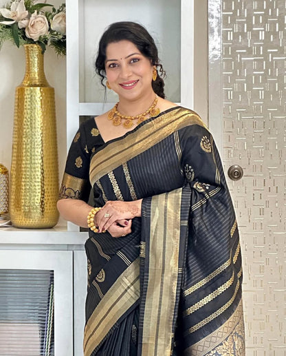 Elegant Black Banarasi Soft Silk Saree with Gold Zari Weaving