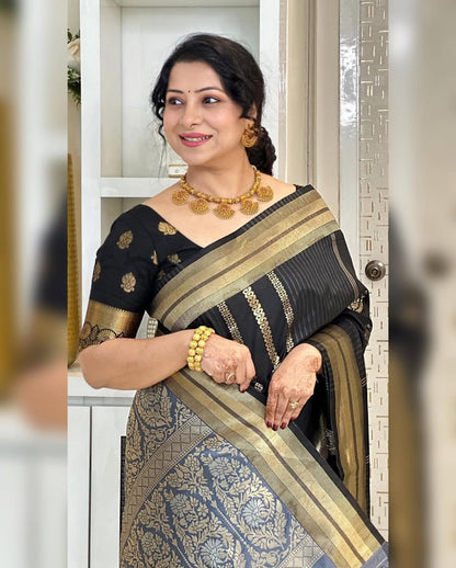 Elegant Black Banarasi Soft Silk Saree with Gold Zari Weaving