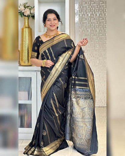 Elegant Black Banarasi Soft Silk Saree with Gold Zari Weaving
