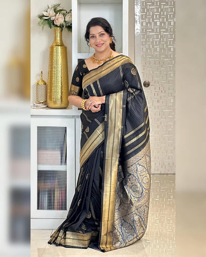 Elegant Black Banarasi Soft Silk Saree with Gold Zari Weaving
