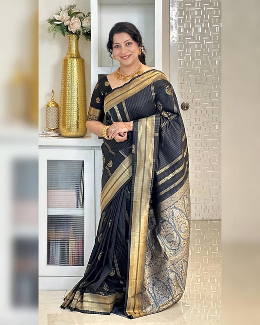 Elegant Black Banarasi Soft Silk Saree with Gold Zari Weaving