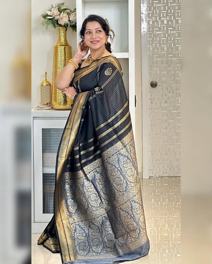 Elegant Black Banarasi Soft Silk Saree with Gold Zari Weaving