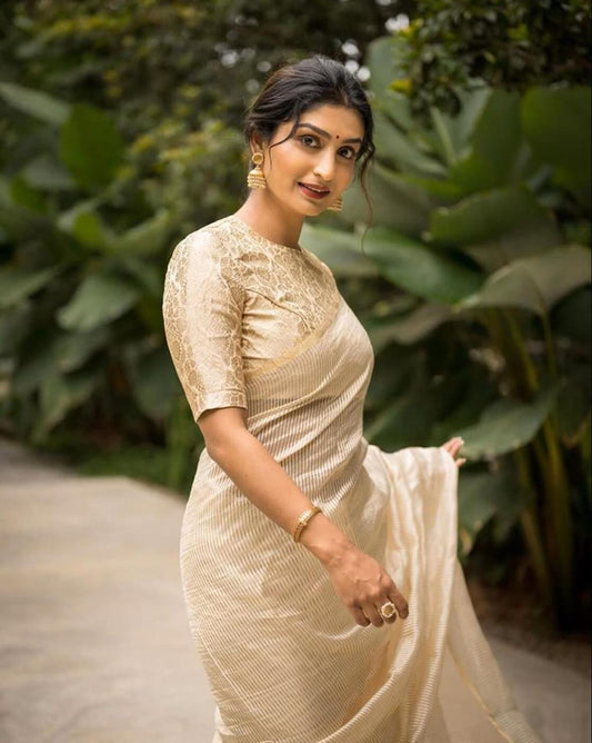 Graceful Cream Banarasi Soft Silk Saree with Gold Zari Weaving