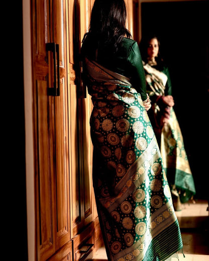 Emerald Green Banarasi Soft Silk Saree with Gold Zari Weaving
