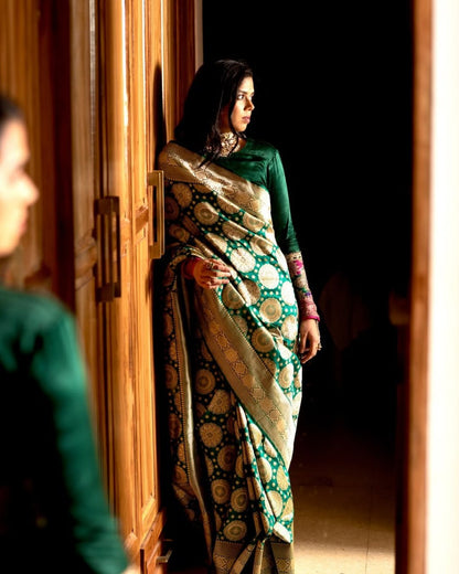Emerald Green Banarasi Soft Silk Saree with Gold Zari Weaving