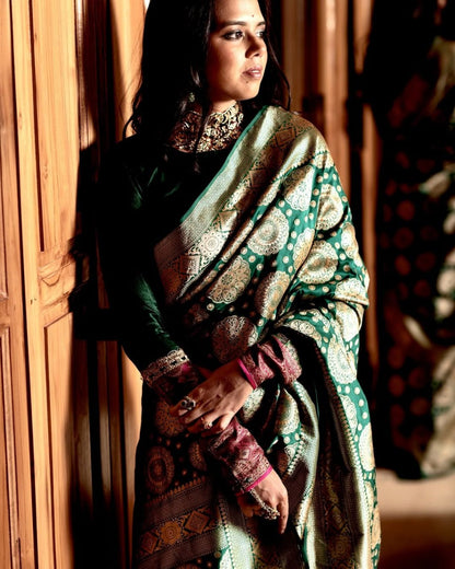 Emerald Green Banarasi Soft Silk Saree with Gold Zari Weaving