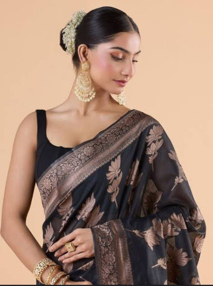Elegant Black Banarasi Soft Silk Saree with Copper Zari Weaving
